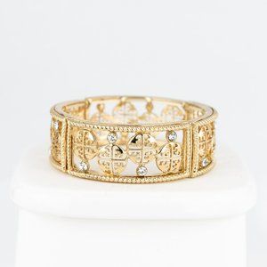 Gold Tone Rhinestone Panel Stretch Bracelet Elastic Medallion Luxe Braided Rope